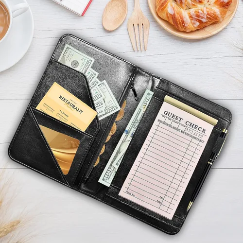 Miniatura 4 de Libros de mesero para camarera, cartera de cuero sintético con bolsillo con cremallera para mesero, organizador de libros para meseros, delantal