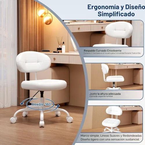 Miniatura 6 de Misolant Silla de tocador con respaldo, pequeña silla de oficina sin brazos con ruedas y soporte lumbar, cómodas sillas de escritorio de piel Blanco