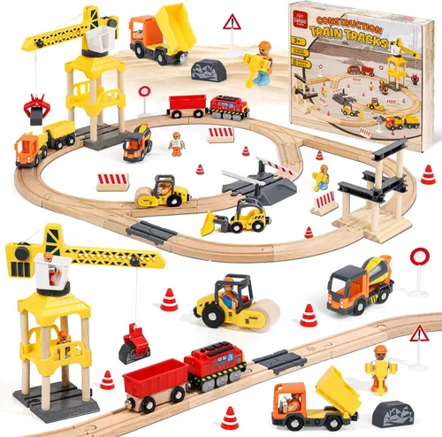 Lehoo Castle Juego de tren de madera, juguetes de construcción para niños de 2 a 4 años, pista de tren de madera para niños con grúa, juguetes de