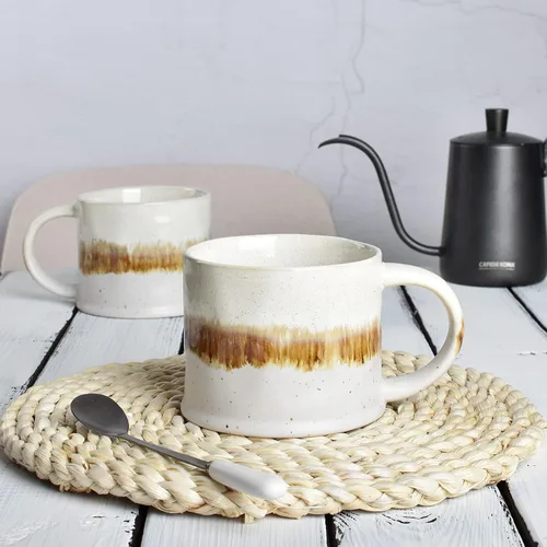 Miniatura 4 de Bosmarlin Juego de 2 tazas de café medianas de cerámica, 15 onzas, taza de té grande de cerámica para oficina y hogar, apta para lavavajillas y Beige
