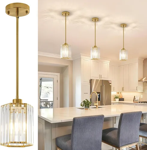 Miniatura 11 de Lámparas colgantes de cristal, paquete de 3 unidades de lámparas colgantes en oro cepillado para isla de cocina, modernas mini lámparas colgantes