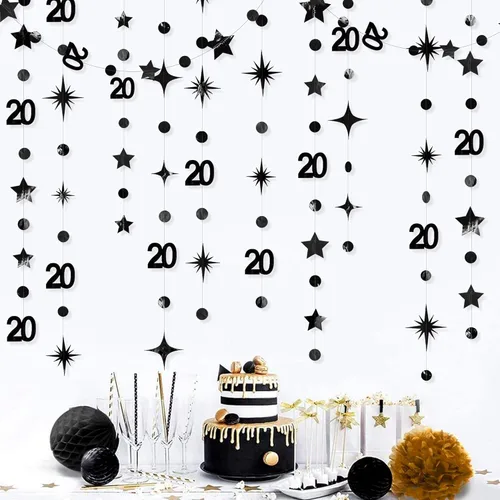 Decoraciones negras de 20 cumpleaños número 20 círculo estrella metálica colgante serpentina telón de fondo para mujeres y hombres saludos a 20 años