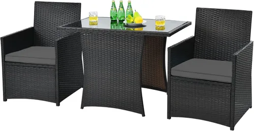 Miniatura 15 de HAPPYGRILL Juego de muebles de patio de 3 piezas, juego de mimbre de ratán PE para exteriores, con cojines lavables y mesa de vidrio templado