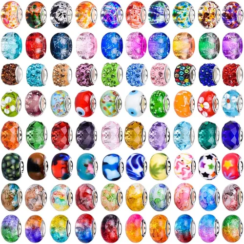 Miniatura 11 de AIPRIDY Cuentas Europeas Surtidas para Manualidades Cuentas Espaciadoras Lampwork de Agujero Grande Cuentas Europeas Coloridas para Hacer Collares