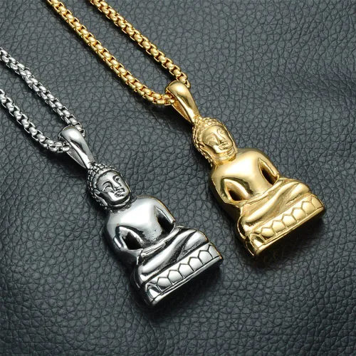 Miniatura 3 de SINLEO Collar con colgante de Buda tibetano de acero inoxidable para hombre, amuleto de Amitabha