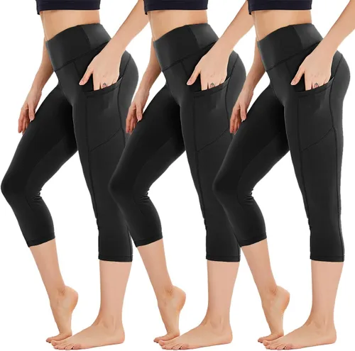 Miniatura 7 de HIGHDAYS Paquete de 3 leggings capri para mujer con bolsillos, pantalones de cintura alta para entrenamiento, correr, yoga