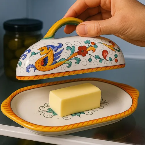Miniatura 4 de Deruta Italy - Mantequera Raffaellesco 1 pieza de 8.5 x 4 x 4.5 pulgadas Cerámica italiana hecha a mano y pintada a mano Contenedor de cocina