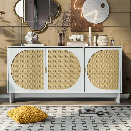 Miniatura 13 de KLMM Armario de almacenamiento moderno con puerta de ratán y estantes ajustables, soporte de TV para televisores de hasta 55 pulgadas, mesa consola
