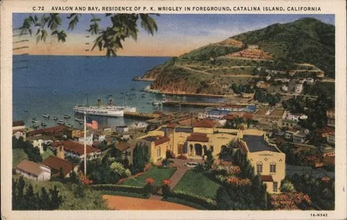 Avalon and Bay, Residence of P.K. Wrigley Santa Catalina Island, California CA Original Antique Postcard