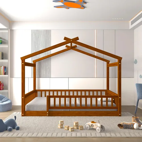 Miniatura 10 de RUNNA Marco de cama de madera de tamaño matrimonial con valla, para niños, adolescentes, niñas, niños, (Natural-Thinck 4col)