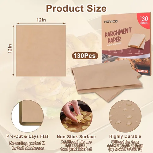 Miniatura 2 de Paquete de 130 hojas de papel pergamino precortadas Papel de hornear marrón sin blanquear de 12 x 12 pulgadas Forros antiadherentes resistentes