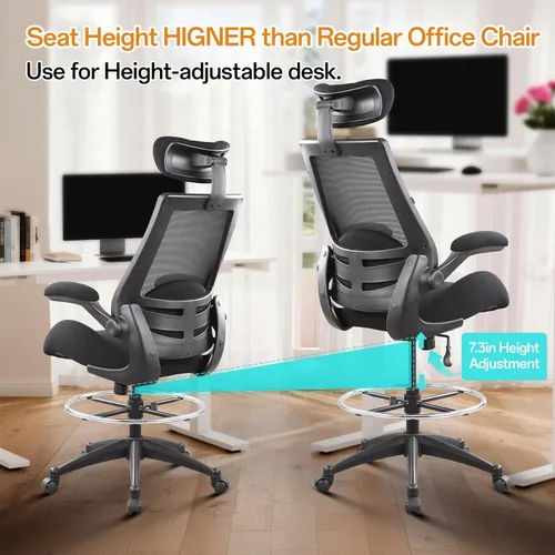 Miniatura 5 de BOLISS Silla de oficina alta de dibujo, 400 libras, respaldo alto, silla de escritorio ancha cómoda con reposabrazos abatibles, soporte lumbar, Negro