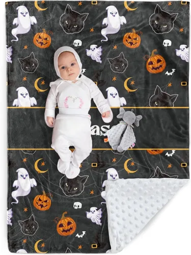 Manta de Halloween personalizada, nombre personalizado con diseños de dibujos animados de Halloween, manta de franela de felpa suave con respaldo