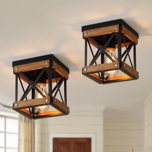 Miniatura 10 de Lámpara de techo rústica de madera de granja, jaula cuadrada de madera de roble y metal, pequeña lámpara de techo semiempotrada para cocina