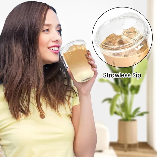 Miniatura 3 de Tazas de plástico transparentes con fondo redondo y tapas con orificio, 25 juegos, tazas de café helado desechables de 16 oz con tapas sin pajita