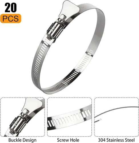 Miniatura 3 de ZOEYES 20 abrazaderas de conducto de acero inoxidable, abrazaderas de manguera de 4 pulgadas, abrazadera de tornillo sin fin ajustable