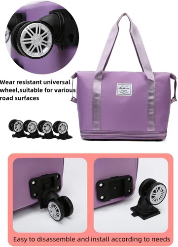 Miniatura 6 de Bolsa de equipaje plegable de doble capa, expandible, gran capacidad, separación seca y húmeda, bolsa de lona con ruedas, Rosado, Moda