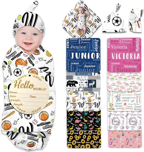 Manta de bebé personalizada para niña y niño, manta de recepción con nombre personalizado con diadema de lazo y sombrero, regalos personalizados