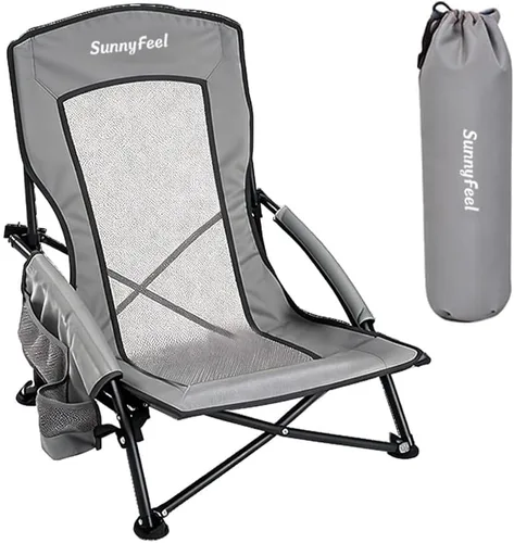 Miniatura 8 de SUNNYFEEL Silla de playa baja plegable para adultos, sillas de camping de playa ligeras portátiles con soporte para tazas, reposabrazos, silla
