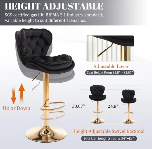 Miniatura 3 de Taburetes de bar de terciopelo, modernos taburetes giratorios de altura ajustable, sillas de mostrador de 360 grados con respaldo y base de metal