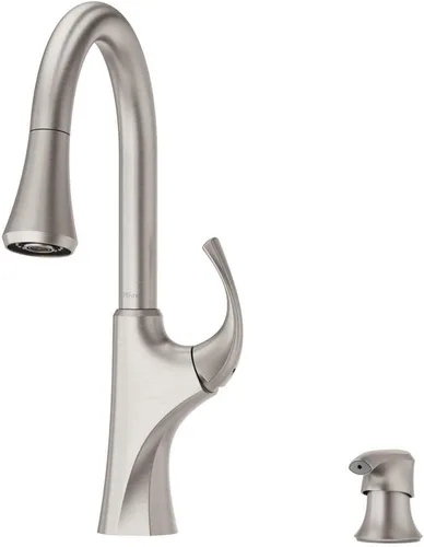 Grifo de cocina Pfister Miri con rociador extraíble y dispensador de jabón, manija única, arco alto, acabado de acero inoxidable Spot Defense, Spot