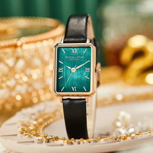 Miniatura 4 de VICTORIA HYDE Precioso reloj para mujer esfera de nácar verde elegante reloj rectangular con correa de cuero negro