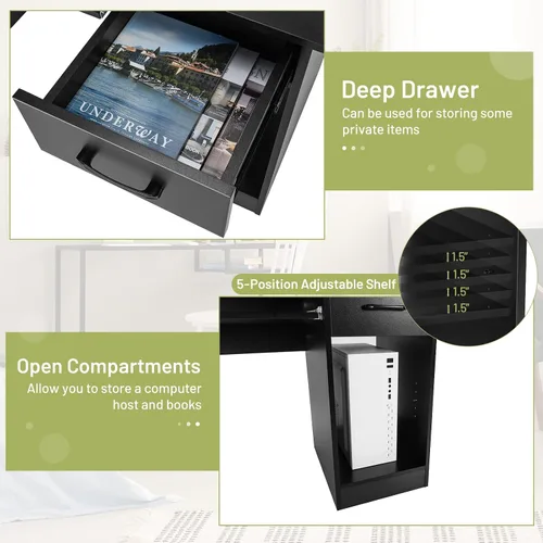 Miniatura 5 de Tangkula Escritorio para computadora con cajón y bandeja para teclado, escritorio de estudio moderno con gabinete de escritorio y estantes