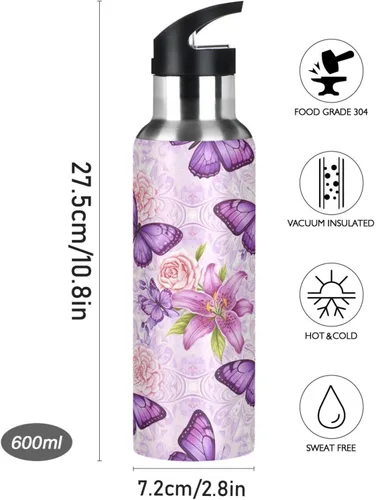 Miniatura 9 de Purple Butterflies Stainless Steel Water Bottle 20 Oz, BPA-Free Sports Water Bottle Leakproof Water Bottles
