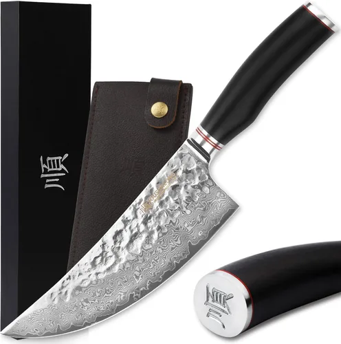 YOUSUNLONG Cuchillo de carnicero de 8 pulgadas – Cortadores de carne japoneses martillados de acero inoxidable Damasco mango de madera de plomo