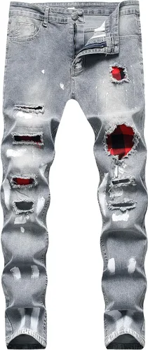 SRETOUU Pantalones de mezclilla ajustados para hombre elásticos rasgados elásticos ajustados desgastados de pierna cónica