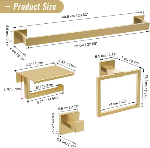 Miniatura 6 de YACVCL Juego de accesorios de baño de oro cepillado de 23.6 pulgadas, juego de 5 toalleros y soporte para baño, soporte de papel higiénico mejorado