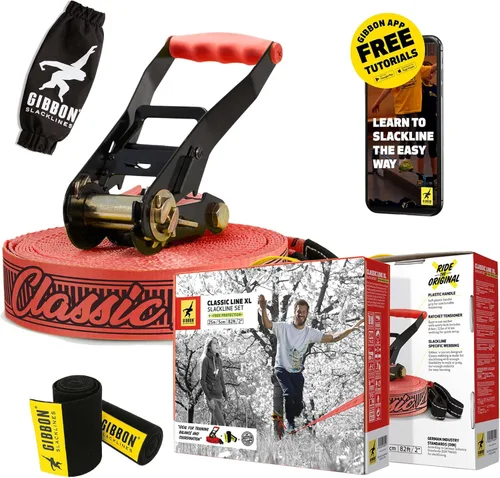 GIBBON Slacklines Classicline XL con ropa para árboles, rojo, 82 pies (línea de 74 pies + correa de trinquete de 8 pies con lazo reforzado) incl.