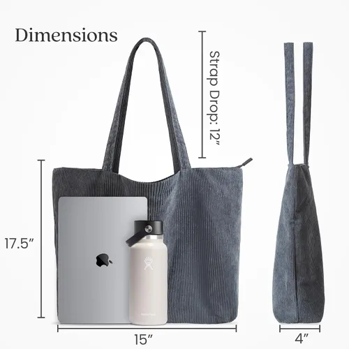 Miniatura 4 de VANDEL Bolso tote de pana para mujeres y hombres con cremallera y bolsillos interiores. Bolso tote con cremallera, bonita bolsa estética