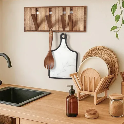 Miniatura 8 de Perchero de pared para entrada: Plegable rústico de madera con 8 ganchos, montaje de 16.5 pulgadas, elegante colgador de piano para pasillo