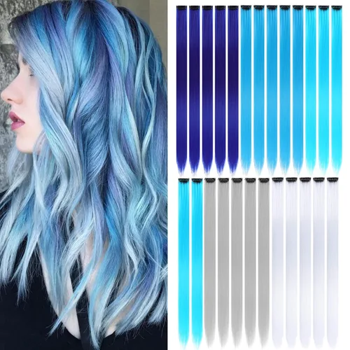 Miniatura 20 de Paquete de 12 extensiones de cabello de colores arcoíris, mechones para fiestas, 22 pulgadas, extensiones de cabello coloridas con clip, mechones