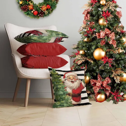 Miniatura 4 de Juego de 4 fundas de almohada rojas navideñas de 18 x 18 pulgadas, fundas de almohada cuadradas de lino rústico de Navidad, fundas de almohada