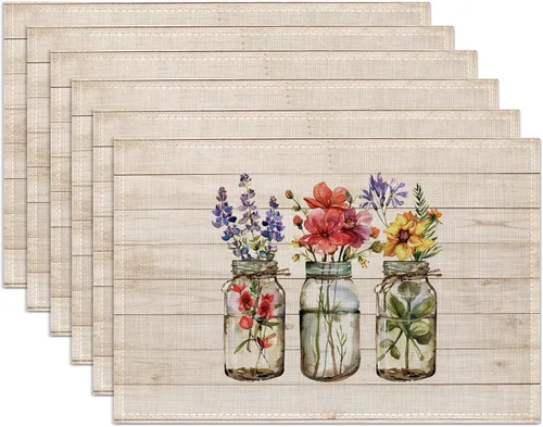 Juego de 6 manteles individuales de flores, lavables, resistentes al calor, de 12 x 18 pulgadas, manteles individuales de lino con estampado floral