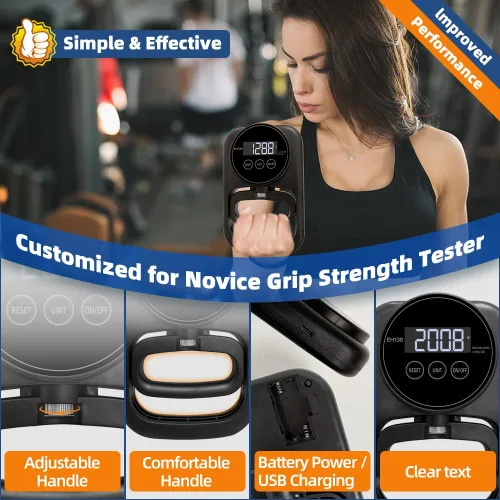 Miniatura 7 de Probador de fuerza de agarre, agarre de mano, dinamómetro de mano, medidor de mano, pantalla LED, cómodo fortalecedor de dedos de 265 libras / 264.6