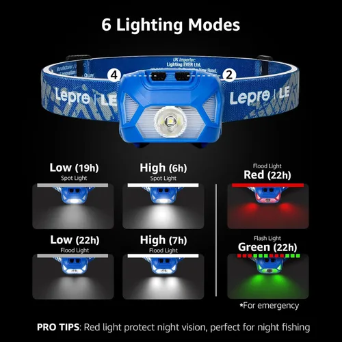Miniatura 2 de Lepro 320015 - Linterna frontal con batería – 1300Lux lámpara LED súper brillante con luz roja, linternas frontales impermeables IPX4 para acampar
