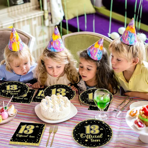 Miniatura 6 de Juego de vajilla de 96 piezas para cumpleaños número 13, platos desechables oficiales para adolescentes de 13 años, platos de fiesta de cumpleaños