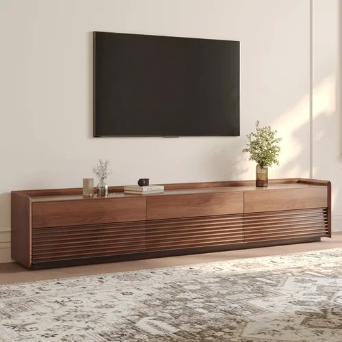 Miniatura 11 de POVISON Soporte de TV moderno de mediados de siglo totalmente ensamblado con luces LED ajustables, consola multimedia de madera, centro
