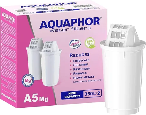 AQUAPHOR Cartucho de filtro A5, paquete de 2 con magnesio, filtros de cal, cloro, metales pesados | 350L de agua clara | Tecnología AQUALEN para un