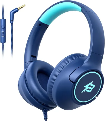 Auriculares para niños con cable para la escuela, límite de volumen de 85/94 dB, auriculares con cable sobre la oreja para niños y niñas con Azul