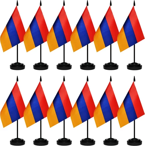 Juego de 12 banderas de escritorio de Armenia, pequeñas banderas armenias de oficina con poste negro sólido de 12 pulgadas, base negra y parte