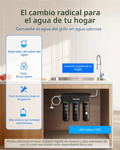 Miniatura 3 de Waterdrop TSA filtro de agua de 3 etapas debajo del fregadero, conexión directa al grifo del hogar, elemento certificado NSF/ANSI 42, EE.UU. Tech