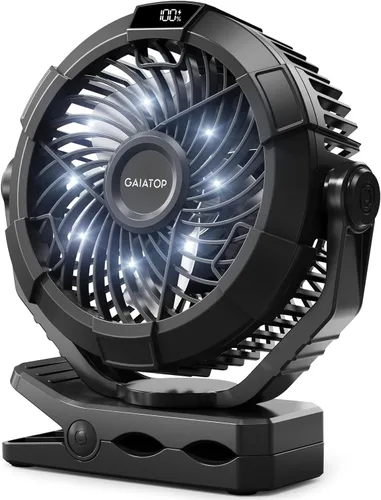 Gaiatop Ventilador de camping portátil con linterna LED, rotación de 360° y clip para escritorio, batería recargable USB de 4000 mAh, pantalla