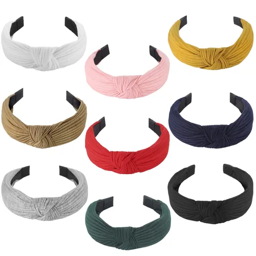 Funtopia - Diademas anudadas para mujeres y niñas, 9 piezas de diadema ancha y lisa, bandas para el cabello con nudo cruzado de moda con colores