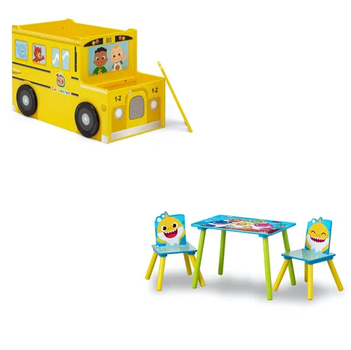Delta Children CoComelon - Caja de juguetes de autobús escolar + juego de mesa y 2 sillas para niños Delta Children Cocomelon con almacenamiento
