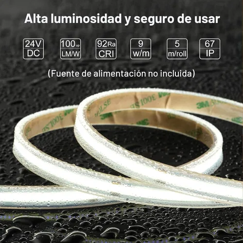 Miniatura 2 de LLTOP Tira de luces LED COB Impermeable IP67 DC24v Luz blanca del día 6000K 5m/16.4 pies Alto CRI 92Ra+ Tira de luces LED para exteriores Cortada