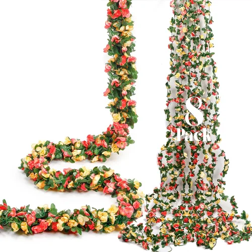 Miniatura 16 de Miracliy 8 guirnaldas de flores rojas de 66 pies, rosas artificiales de color naranja, guirnalda de flores falsas de primavera para telón de fondo